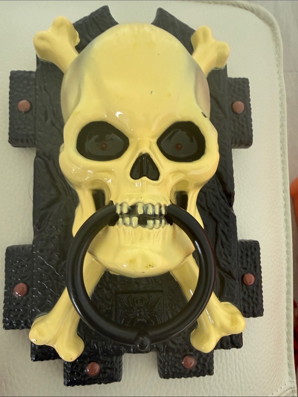Yellow Skull Door Knocker with Black Ring - Gothic Home Accent